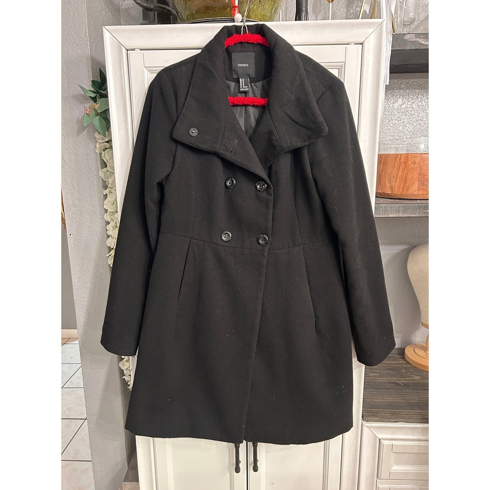 Vintage Black Pea Coat Mid Length Medium Twee Winter Fall Trench Coat